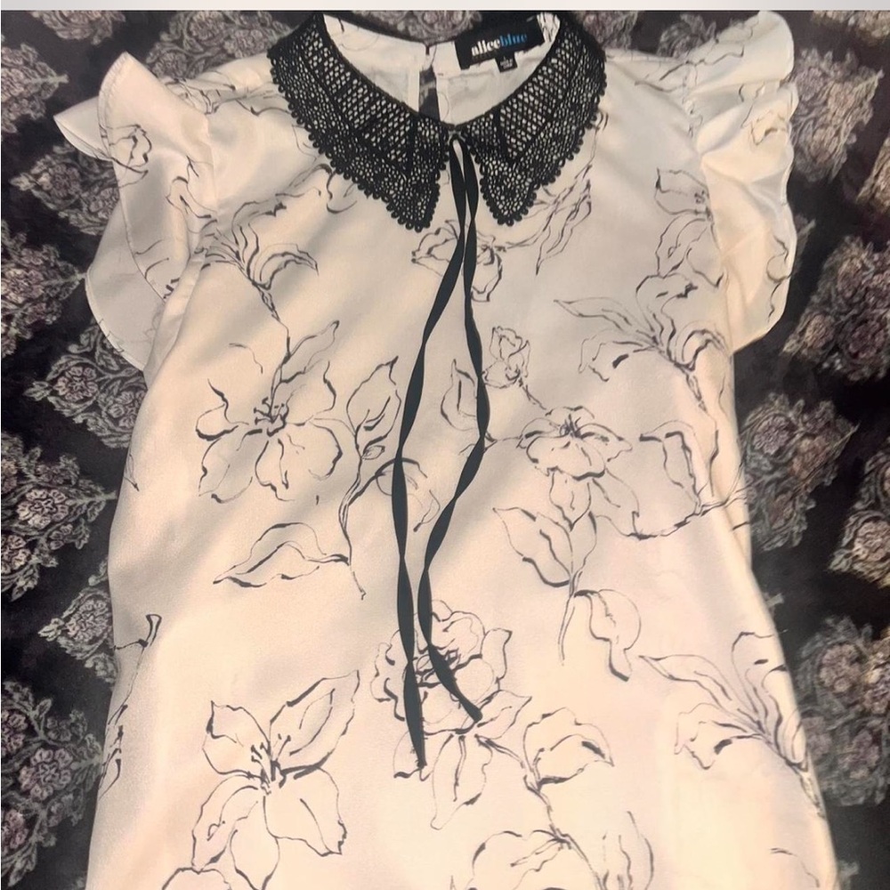 Alice Blue White Floral Blouse with Black Lace Collar